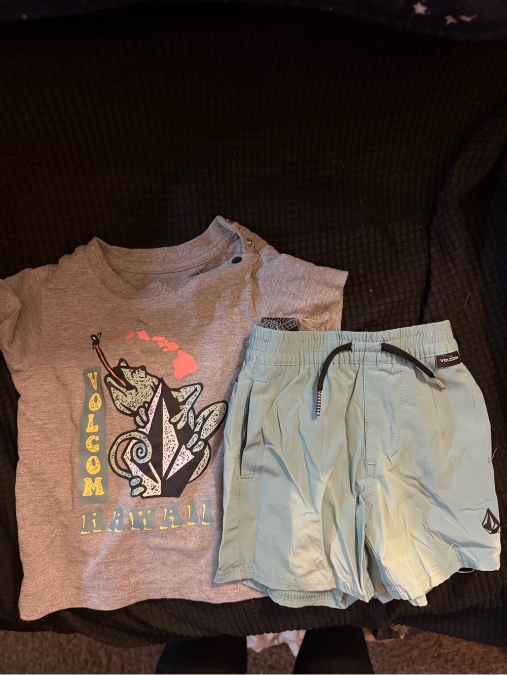 Volcom Gray Graphic Tee with Light Blue Swim Shorts